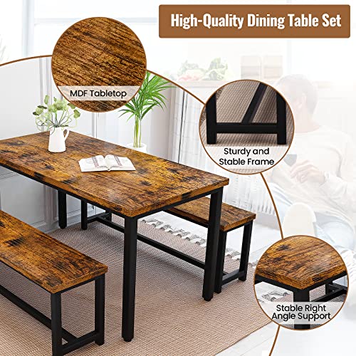 Recaceik 3-Piece Dining Table Set for 4, 43'' Dining Room Table Set with 2 Benches, Space-Saving Dinette Table with Metal Frame & MDF Board, Kitchen Breakfast Table for Dining Room, Rustic Brown