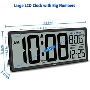 WallarGe 14.5'' Large Digital Wall Clock Battery Operated with Jumbo Numbers, Temperature and Date - Easy to Read and Set, Auto DST