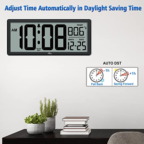 WallarGe 14.5'' Large Digital Wall Clock Battery Operated with Jumbo Numbers, Temperature and Date - Easy to Read and Set, Auto DST