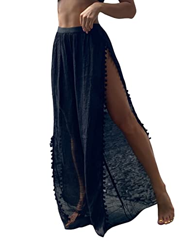 SheIn Women's Summer Beach Pants High Waisted Swimsuit Cover Up Pants Pom Pom Tassel Bikini Bottom Long Pants Medium Black