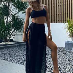 SheIn Women's Summer Beach Pants High Waisted Swimsuit Cover Up Pants Pom Pom Tassel Bikini Bottom Long Pants Medium Black