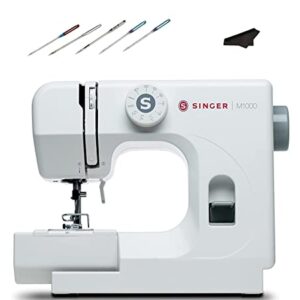 SINGER Sewing Machine Bundle M1000+, 32 Stitch Applications, Mending Machine, Simple, Portable, Great for Beginners, Top Drop-In Bobbin, Reverse Lever, 5 heavy duty needles, Kwalicable Cleaning Cloth