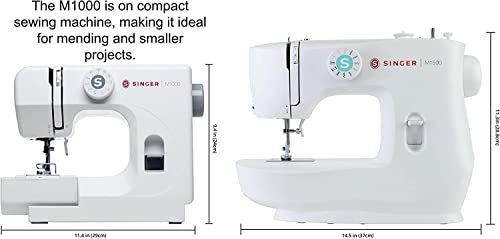 SINGER Sewing Machine Bundle M1000+, 32 Stitch Applications, Mending Machine, Simple, Portable, Great for Beginners, Top Drop-In Bobbin, Reverse Lever, 5 heavy duty needles, Kwalicable Cleaning Cloth