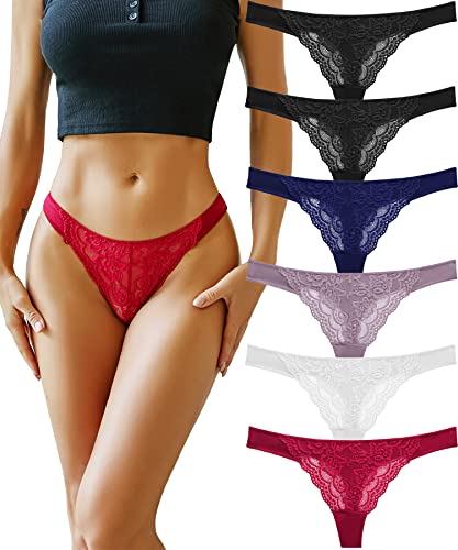 CuteByte Cotton Thongs for Women Lace Thong Underwear T Back Breathable Low Rise Hipster Tangas Panties 6 Pack (6 Pack A,M)