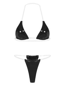 fldy women invisible straps sexy brazilian bikini set latex shiny metallic swimsuit triangle bathing suit black large