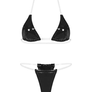 Fldy Women Invisible Straps Sexy Brazilian Bikini Set Latex Shiny Metallic Swimsuit Triangle Bathing Suit Black Large