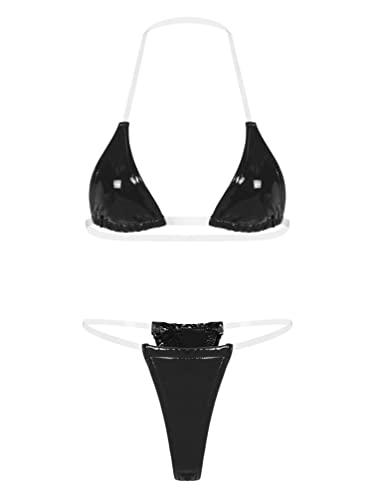 Fldy Women Invisible Straps Sexy Brazilian Bikini Set Latex Shiny Metallic Swimsuit Triangle Bathing Suit Black Large