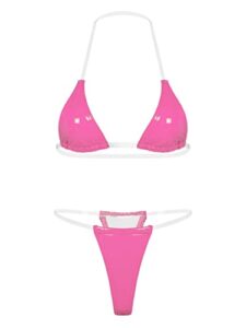 fldy women invisible straps sexy brazilian bikini set latex shiny metallic swimsuit triangle bathing suit hot pink medium