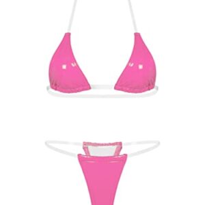 Fldy Women Invisible Straps Sexy Brazilian Bikini Set Latex Shiny Metallic Swimsuit Triangle Bathing Suit Hot Pink Medium