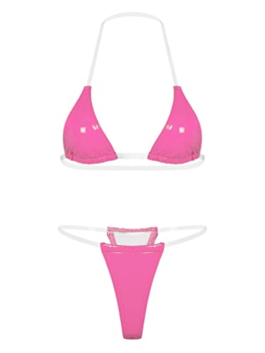 Fldy Women Invisible Straps Sexy Brazilian Bikini Set Latex Shiny Metallic Swimsuit Triangle Bathing Suit Hot Pink Medium