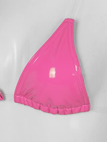 Fldy Women Invisible Straps Sexy Brazilian Bikini Set Latex Shiny Metallic Swimsuit Triangle Bathing Suit Hot Pink Medium