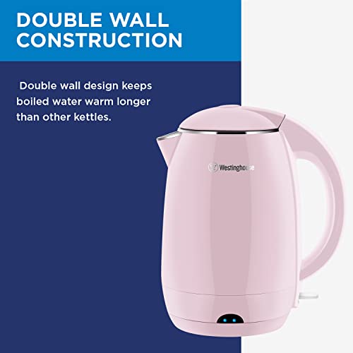 Westinghouse Electric Cordless Kettle - Crafted with 1.8L Capacity, Double Wall Housing, Auto Shutoff, Stainless, Steel Interior, Concealed Heating Element, and 360° Swivel Base and Cord Storage (Pink)