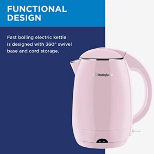 Westinghouse Electric Cordless Kettle - Crafted with 1.8L Capacity, Double Wall Housing, Auto Shutoff, Stainless, Steel Interior, Concealed Heating Element, and 360° Swivel Base and Cord Storage (Pink)