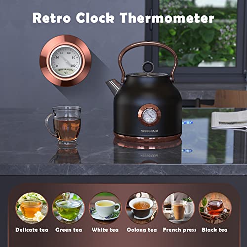 NESSGRAIM Retro Electric Kettle, 1.7L Stainless Steel Tea Kettle with Large Temperature Gauge, 1500W Fast Heating Hot Water Boiler with LED Indicator, Auto Shut-off & Boil-Dry Protection-Reteo Black