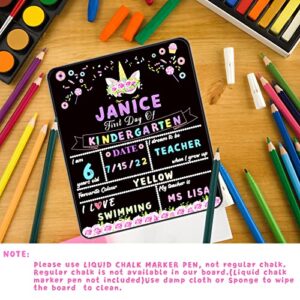Unicorn First Day of School Board, 10”x12” Reusable Back to School Sign,Double-Sided 1st Day of School Chalkboard, My First Day of Preschool Kindergarten Photo Sharing Sign for Girls, School Supply
