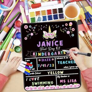 Unicorn First Day of School Board, 10”x12” Reusable Back to School Sign,Double-Sided 1st Day of School Chalkboard, My First Day of Preschool Kindergarten Photo Sharing Sign for Girls, School Supply