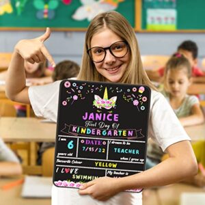 Unicorn First Day of School Board, 10”x12” Reusable Back to School Sign,Double-Sided 1st Day of School Chalkboard, My First Day of Preschool Kindergarten Photo Sharing Sign for Girls, School Supply