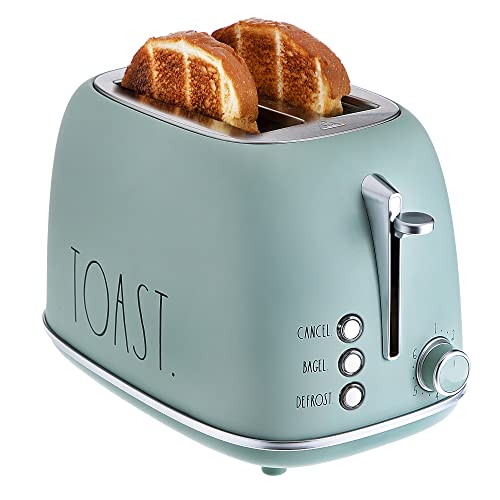 Rae Dunn Retro Rounded Bread Toaster, 2 Slice Stainless Steel Toaster with Removable Crumb Tray, Wide Slot with 6 Browning Levels, Bagel, Defrost and Cancel Options (Green)