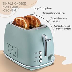 Rae Dunn Retro Rounded Bread Toaster, 2 Slice Stainless Steel Toaster with Removable Crumb Tray, Wide Slot with 6 Browning Levels, Bagel, Defrost and Cancel Options (Green)