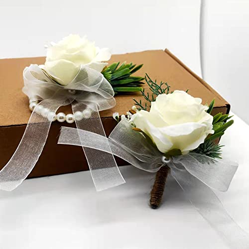 YESKY Corsage Wristlet, White Rose Wrist Flowers and Men's Corsage Set, Boutonniere and Wrist Corsage Bracelet Wristband Roses for Wedding Flowers Accessories Prom Suit Decorations