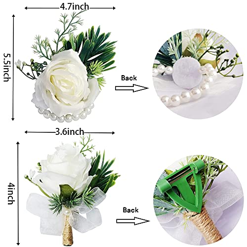 YESKY Corsage Wristlet, White Rose Wrist Flowers and Men's Corsage Set, Boutonniere and Wrist Corsage Bracelet Wristband Roses for Wedding Flowers Accessories Prom Suit Decorations