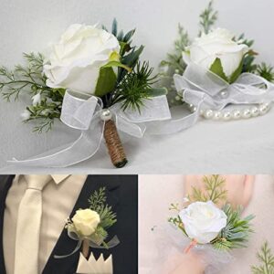 YESKY Corsage Wristlet, White Rose Wrist Flowers and Men's Corsage Set, Boutonniere and Wrist Corsage Bracelet Wristband Roses for Wedding Flowers Accessories Prom Suit Decorations