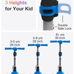 Elecorange Electric Scooter for Kids Ages 4-6, 3 Extra Wide Light Up Wheel & Deck, 3 Adjustable Heights, 5 Mph, Foldable 3 Wheel Electric Scooter for Kids, Toddlers, Boys, Girls Ages 4-8 [Blue]