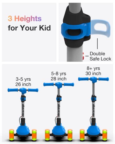 Elecorange Electric Scooter for Kids Ages 4-6, 3 Extra Wide Light Up Wheel & Deck, 3 Adjustable Heights, 5 Mph, Foldable 3 Wheel Electric Scooter for Kids, Toddlers, Boys, Girls Ages 4-8 [Blue]