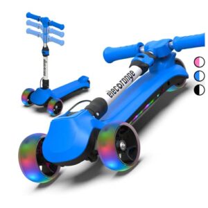 elecorange electric scooter for kids ages 4-6, 3 extra wide light up wheel & deck, 3 adjustable heights, 5 mph, foldable 3 wheel electric scooter for kids, toddlers, boys, girls ages 4-8 [blue]