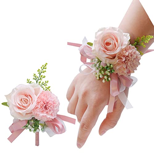 OUKEYI 2PCS Rose Flower Wrist Corsage Boutonniere Set,Boutonniere for Men Wedding White Rose Corsage Wristlet for Women Bride Bridesmaid Wrist Corsagefor Wedding Party Prom Decorations (Pink)