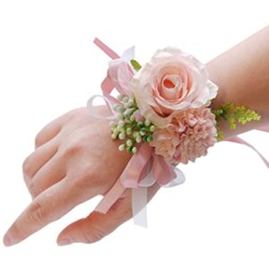 OUKEYI 2PCS Rose Flower Wrist Corsage Boutonniere Set,Boutonniere for Men Wedding White Rose Corsage Wristlet for Women Bride Bridesmaid Wrist Corsagefor Wedding Party Prom Decorations (Pink)