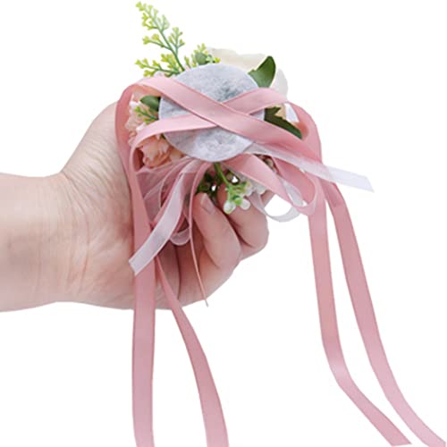 OUKEYI 2PCS Rose Flower Wrist Corsage Boutonniere Set,Boutonniere for Men Wedding White Rose Corsage Wristlet for Women Bride Bridesmaid Wrist Corsagefor Wedding Party Prom Decorations (Pink)