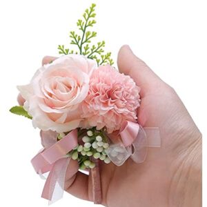 OUKEYI 2PCS Rose Flower Wrist Corsage Boutonniere Set,Boutonniere for Men Wedding White Rose Corsage Wristlet for Women Bride Bridesmaid Wrist Corsagefor Wedding Party Prom Decorations (Pink)