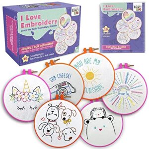craftiloo 10 pre-stamped embroidery patterns for beginners embroidery kit for kids girls needlepoint kits for beginners cross stitch craft sewing perfect for ages 7-13