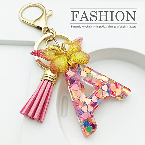 JINGUAZI Initial letter Keychains for Women Tassel Butterfly Pink Cute Car Keychain for Wallet Purses Backpack (Pink A)