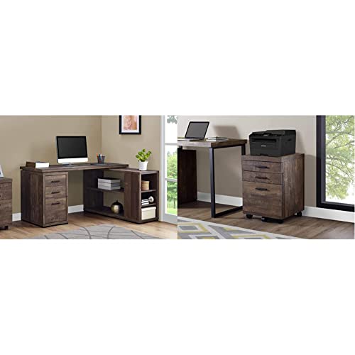 Monarch Specialties Computer Desk L-Shaped Corner Desk with Storage - Left or Right Facing - 60" L (Brown Reclaimed Wood Look) & I 7400 Filing Cabinet, 18.25" L x 17.75" W x 25.25" H, Brown