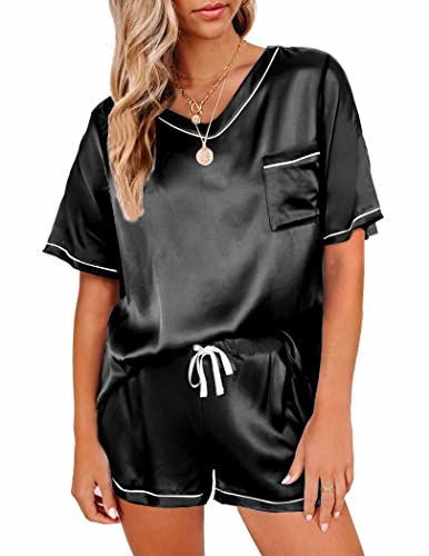 Ekouaer Women Silk Pajama Sets Loose V Neck Two Piece Satin Pjs Sets Short Sleeve Luxury Silky Nightwear Black XL