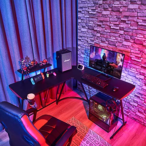 LAZYLAND L Shaped Gaming Desk, 50" Home Office Desk, Office Writing Workstation with Headphone Stand and Cup Holder for Game Player,Office Worker