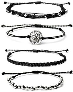 mezcla vida bohemian wave coin charms black beaded handmade braided rope surfing woven bracelets sets for women teen girls, beach string jewelry (black)