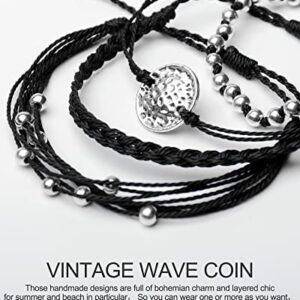 Mezcla Vida Bohemian Wave Coin Charms Black Beaded Handmade Braided Rope Surfing Woven Bracelets Sets For Women Teen Girls, Beach String Jewelry (BLACK)
