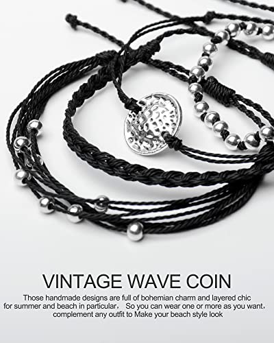 Mezcla Vida Bohemian Wave Coin Charms Black Beaded Handmade Braided Rope Surfing Woven Bracelets Sets For Women Teen Girls, Beach String Jewelry (BLACK)