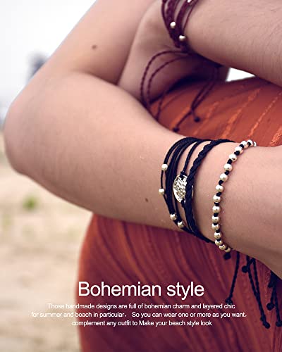 Mezcla Vida Bohemian Wave Coin Charms Black Beaded Handmade Braided Rope Surfing Woven Bracelets Sets For Women Teen Girls, Beach String Jewelry (BLACK)