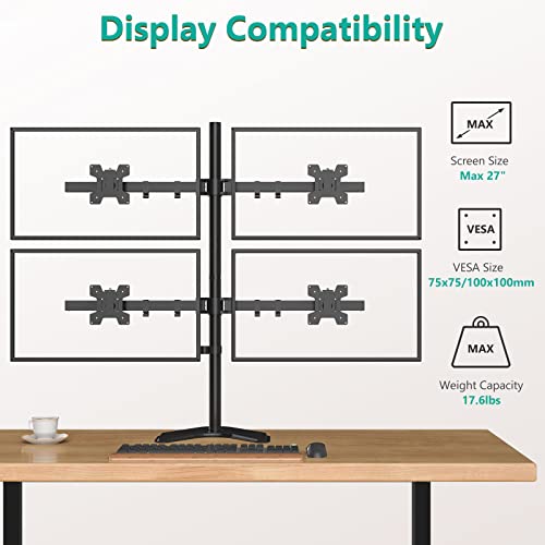 WALI Quad Monitor Stand, Free Standing 4 Monitor Stand Fully Adjustable Desk Mount Fits Monitors up to 27 Inch, Holds up to 17.6 lbs per Arm (MF004), Black