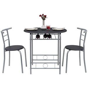 vecelo 3 piece wood round table & chair set for dining room kitchen bar breakfast, with wine storage rack, space saving, 31.5, black