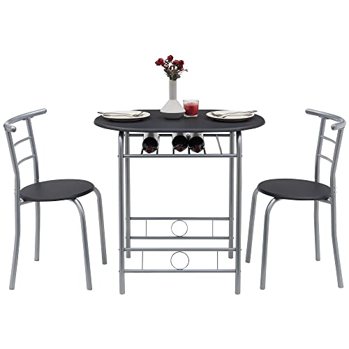 VECELO 3 Piece Wood Round Table & Chair Set for Dining Room Kitchen Bar Breakfast, with Wine Storage Rack, Space Saving, 31.5, Black