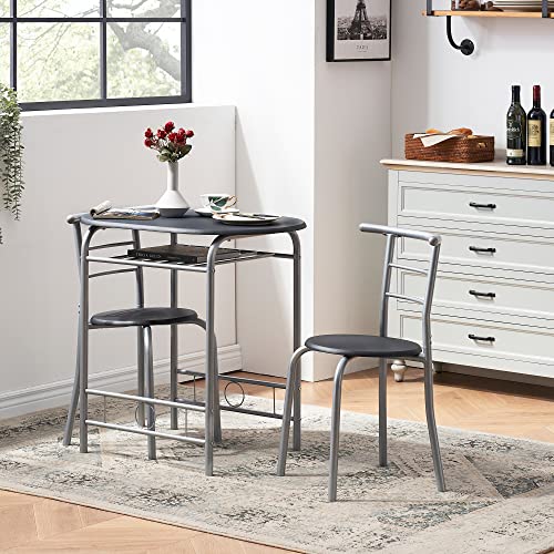 VECELO 3 Piece Wood Round Table & Chair Set for Dining Room Kitchen Bar Breakfast, with Wine Storage Rack, Space Saving, 31.5, Black