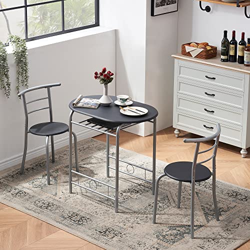 VECELO 3 Piece Wood Round Table & Chair Set for Dining Room Kitchen Bar Breakfast, with Wine Storage Rack, Space Saving, 31.5, Black