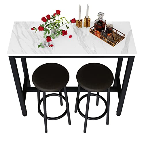 Recaceik Dining Table Set, 39.4” Rectangle Pub Dining Set Kitchen Table Set Bar Table with Stools, 3-Piece Breakfast Table Set with Metal Frame for Kitchen Dining Room w/ 2 Chairs - White