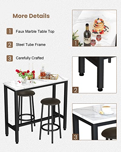 Recaceik Dining Table Set, 39.4” Rectangle Pub Dining Set Kitchen Table Set Bar Table with Stools, 3-Piece Breakfast Table Set with Metal Frame for Kitchen Dining Room w/ 2 Chairs - White