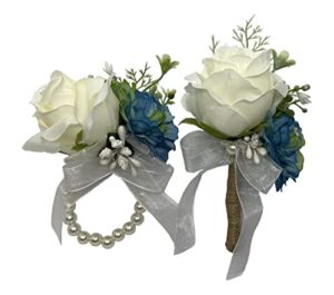 wrist corsage wristlet and boutonniere set for wedding, ivory and dusty blue rose corsage wristlet band bracelet for anniversary, french fall vintage wedding, prom flower (a white & blue)